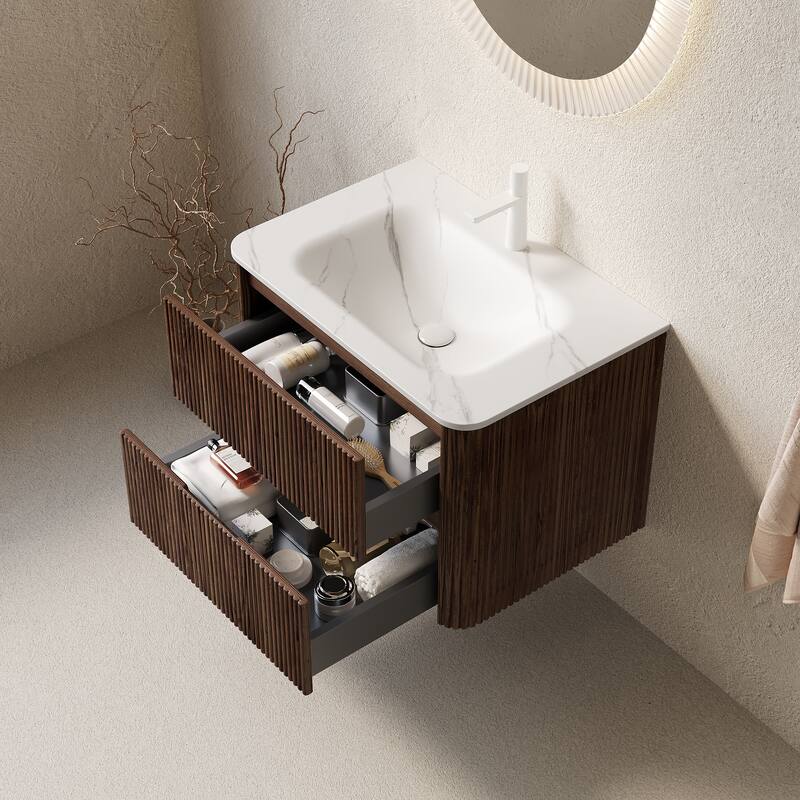 GDFStudio - Noor Modern Floating Bathroom Vanity with Double Drawers & Carrara White Integrated Basin, WITHOUT Faucet - 30" - Retro Walnut