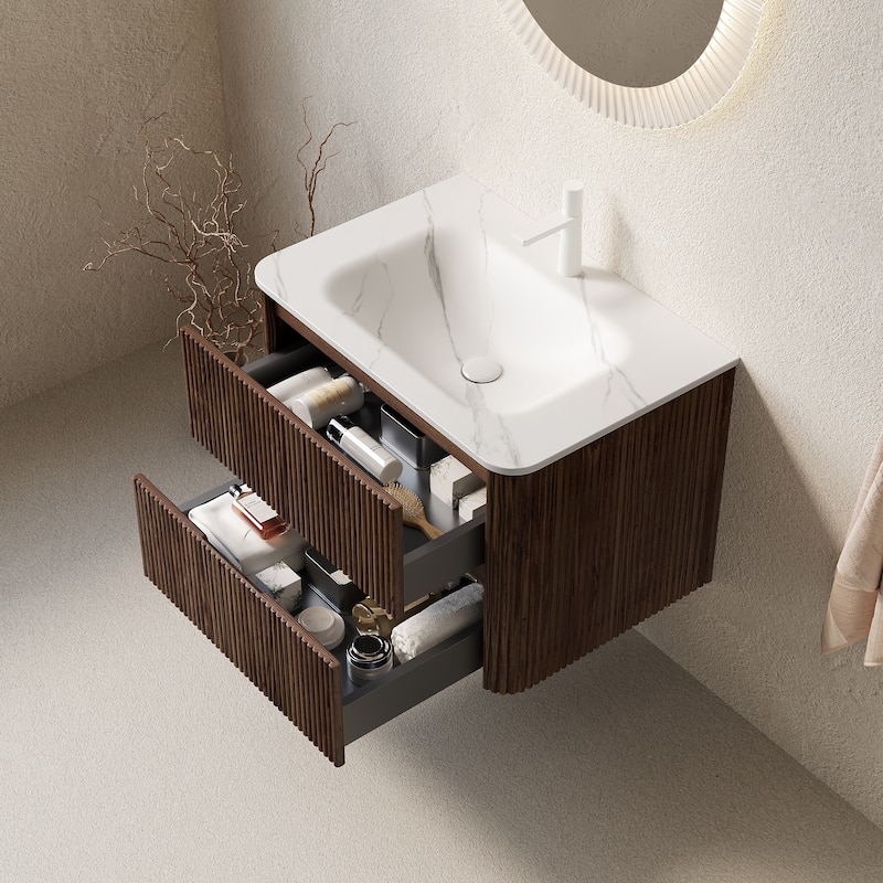 GDFStudio - Noor Modern Floating Bathroom Vanity with Double Drawers & Carrara White Integrated Basin, WITHOUT Faucet