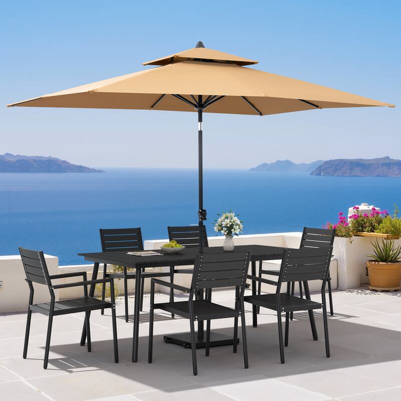9PC Outdoor Patio Dining Set Wood-Like Aluminum Table with Stackable Armchairs,Double Top Market Umbrella and Wheel Base - BlackTable&BlackChairs&TanUmbrella