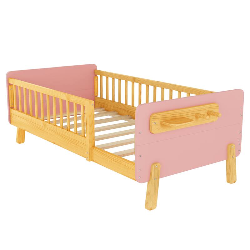 Kids Wood Platform Bed with Guardrails, Bottle Holder and 2 Hanging Rod, Convertible Toddler Daybed, Low Profile Design Frame