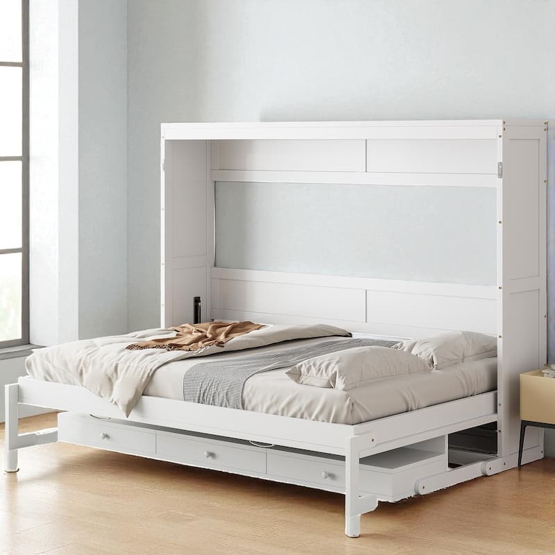 Queen Size Murphy Wall Bed with Storage, Foldable Cabinet Bed with Vanity Desk, Mirror & 2 Drawers