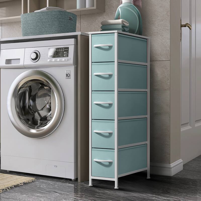 Sorbus Narrow Dresser with 5 Drawers - Vertical Slim Storage Chest of Drawers with Steel Frame, Wood Top & Easy Pull Fabric Bins