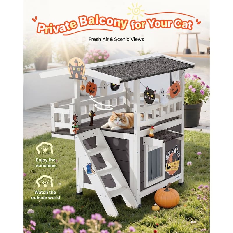 Outdoor Wooden Cat House with Balcony and Waterproof Roof Elevated Shelter for Sunbathing