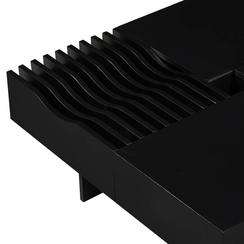 Mid-Century Modern Coffee Table Square Coffee Table with 3 Drawers and Tempered Glass Viewing Window, for Living Room