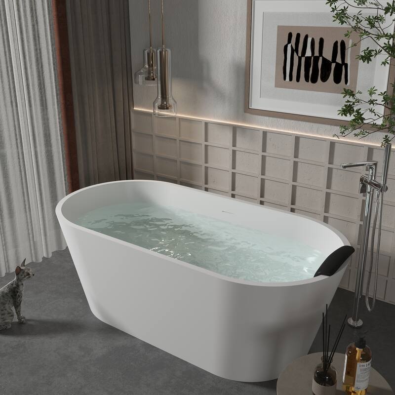 CASAINC Resin Stone Solid Surface Soaking Stand Alone Bathtub Freestanding Bathtub in Matte White