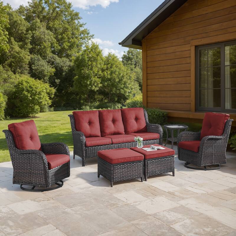 Gymojoy 6-Piece Outdoor Wicker Patio Set with Swivel Rockers, 3-Seater Sofa & Ottomans