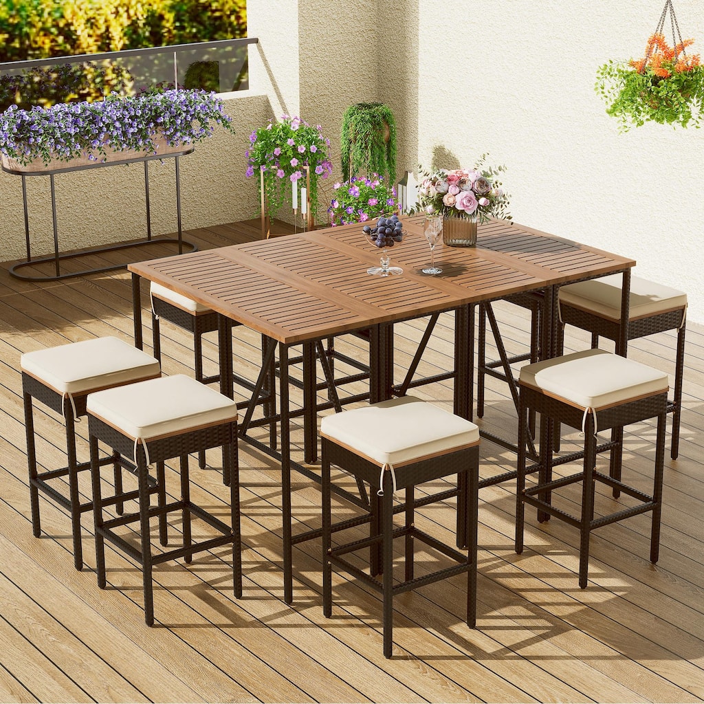 10-Piece Outdoor Bar Height Dining Set with Acacia Wood Table and 8 Stools