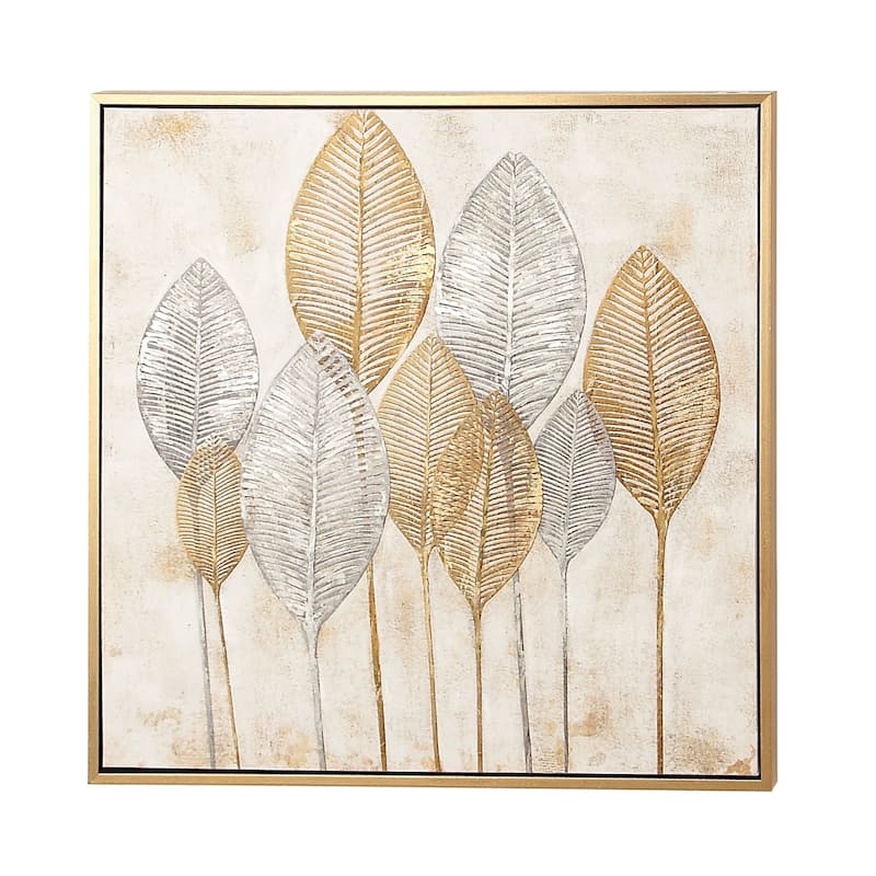 Canvas Leaf Framed Wall Art with Silver Accents and Gold Frame - Gold or White - CosmoLiving by Cosmopolitan - Gold - 40"W, 40"H