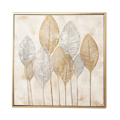 Canvas Leaf Framed Wall Art with Silver Accents and Gold Frame - Gold or White - CosmoLiving by Cosmopolitan