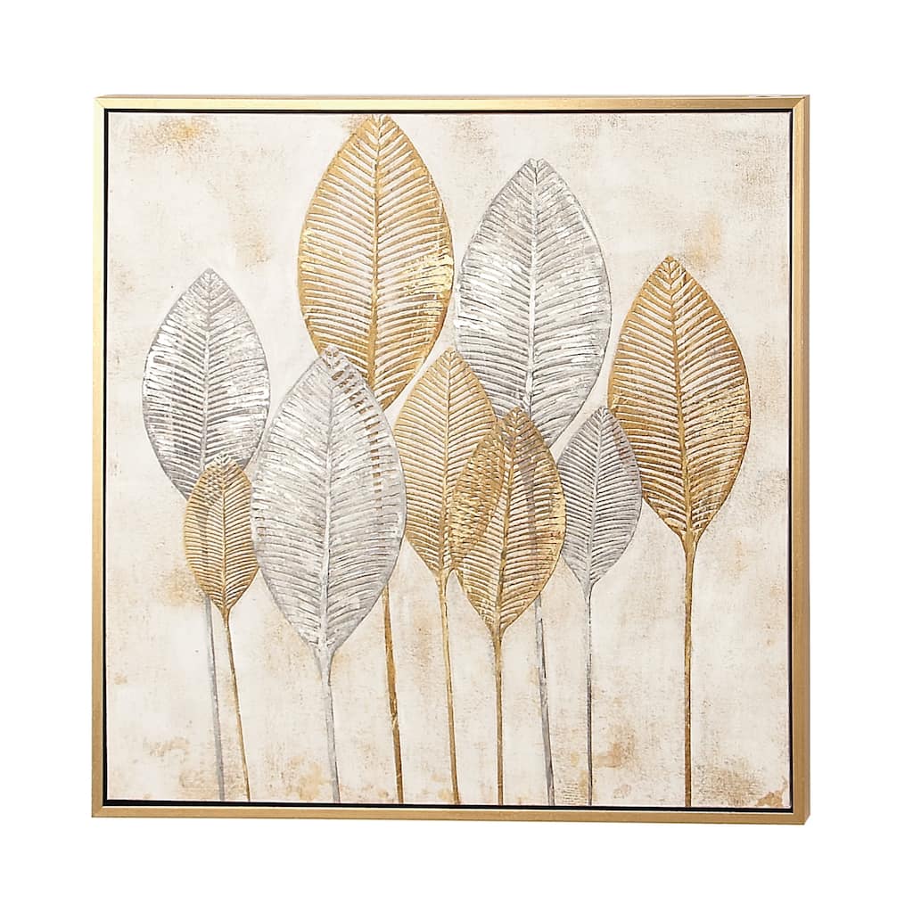 Canvas Leaf Framed Wall Art with Silver Accents and Gold Frame - Gold or White - CosmoLiving by Cosmopolitan