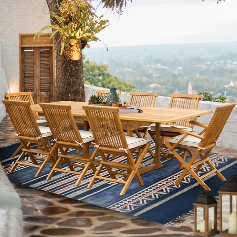 Seven Seas Teak 9 Piece Teak Wood West Palm Patio Dining Set with Rectangular Extension Table, 8 Folding Arm & Side Chairs