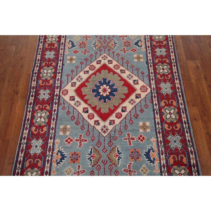 Light Blue Kazak Foyer Rug Hand-Knotted Wool Carpet - 3'3" x 4'11"