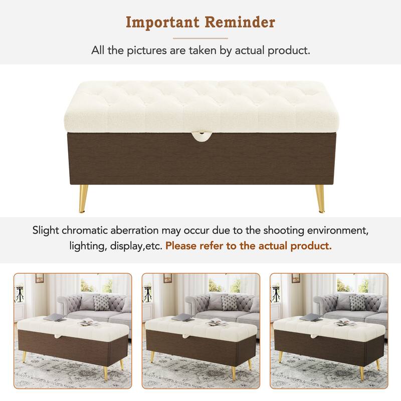 Roomfitters Modern Tufted Boucle Storage Ottoman Bench with Gold Metal Legs, Entryway End of Bed