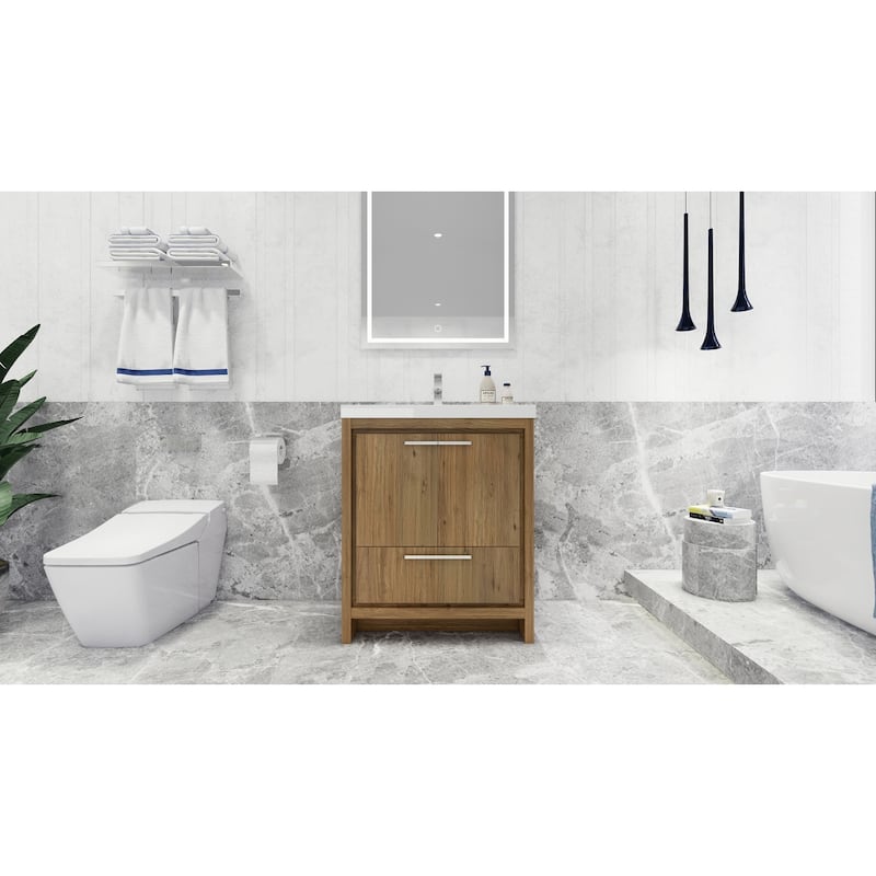 dolce 30 natural oak finish freestanding bath vanity with single basin reinforced acrylic top - 30 - Natural Oak