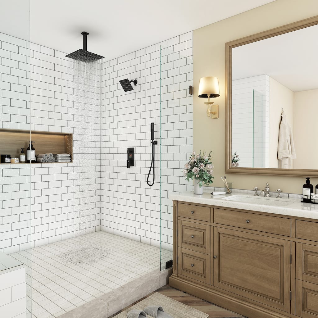 CASAINC Dual Heads 12 Inch Ceiling Mounted Square Shower Head Shower System with Handheld Shower Digital Display Shower