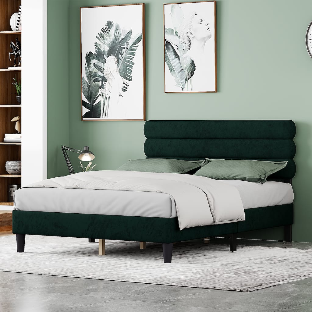 Queen Size Mattress Foundation, Wooden Slats Support Platform Bed Frame Upholstered Bed with Headboard No Box Spring - Green