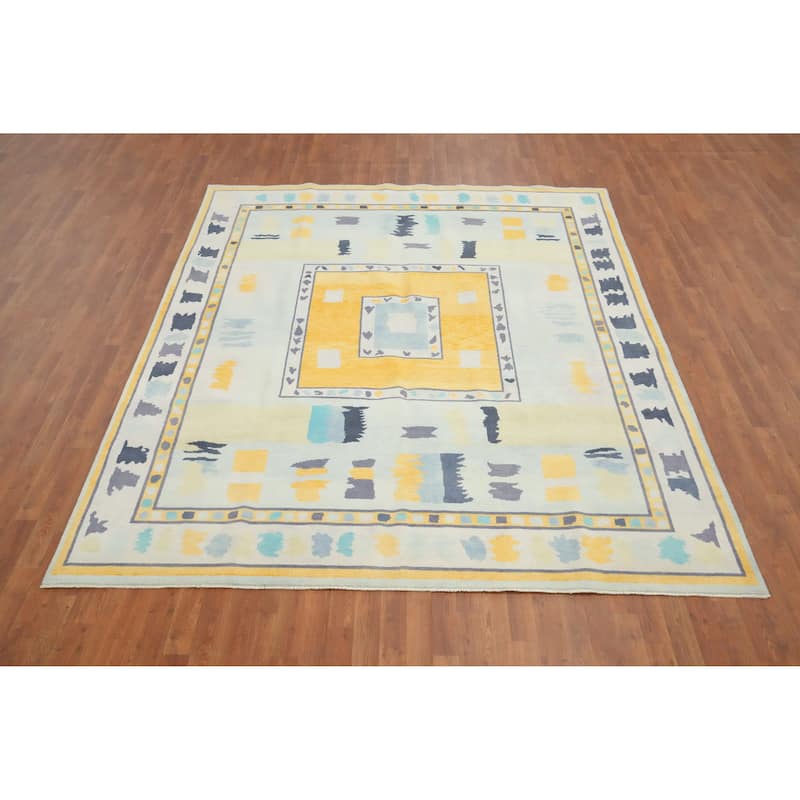 Hand Knotted Oriental 100% Wool Carpet Modern Geometric Navy Blue & Blues Gabbeh Area Rug - 9' 4'' X 8' 1''