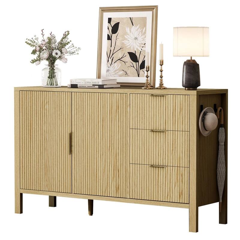 Modern Fluted 2-Door Sideboard with 3 Storage Drawers and Adjustable Hooks for Living Room,Entryway,Hallway