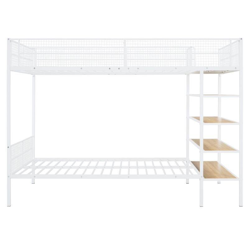 Twin Over Full Metal Bunk Bed with 5-Tier Shelves, Heavy Duty Bunk Bed Frame with Built-In Stairs & Mesh Guardrails