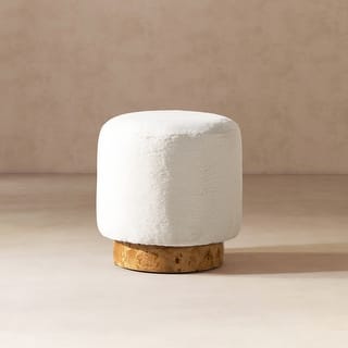 Tilly 16.5" Upholstered Round Ottoman with Burl Wood Base