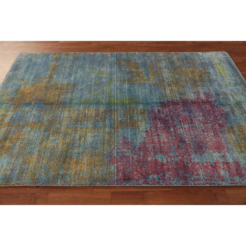 Contemporary Abstract Indian Rug Hand-Knotted Wool Carpet - 4'9"x 6'10"