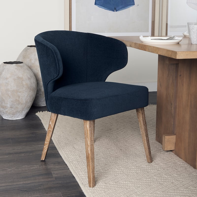 Niles Navy Blue Fabric Seat w/ Medium Brown Solid Wood Legs Wingback Dining Chair - 21.6"W x 25"D x 31.8"H