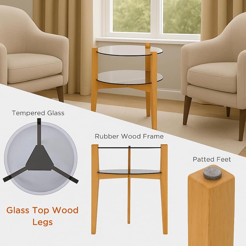 24 Inches 2-tier Glass Round End Table with Shelf and Wooden Legs