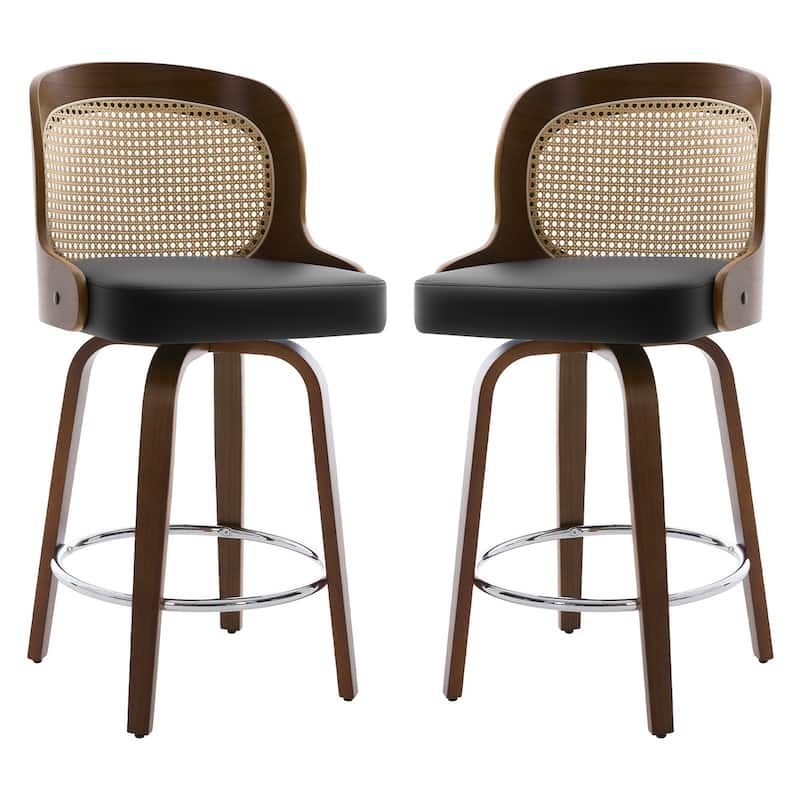 26" Upholstered Swivel Counter & Bar Stool with Rattan Back - 37.4"H x 19.09"W x 19.88"D