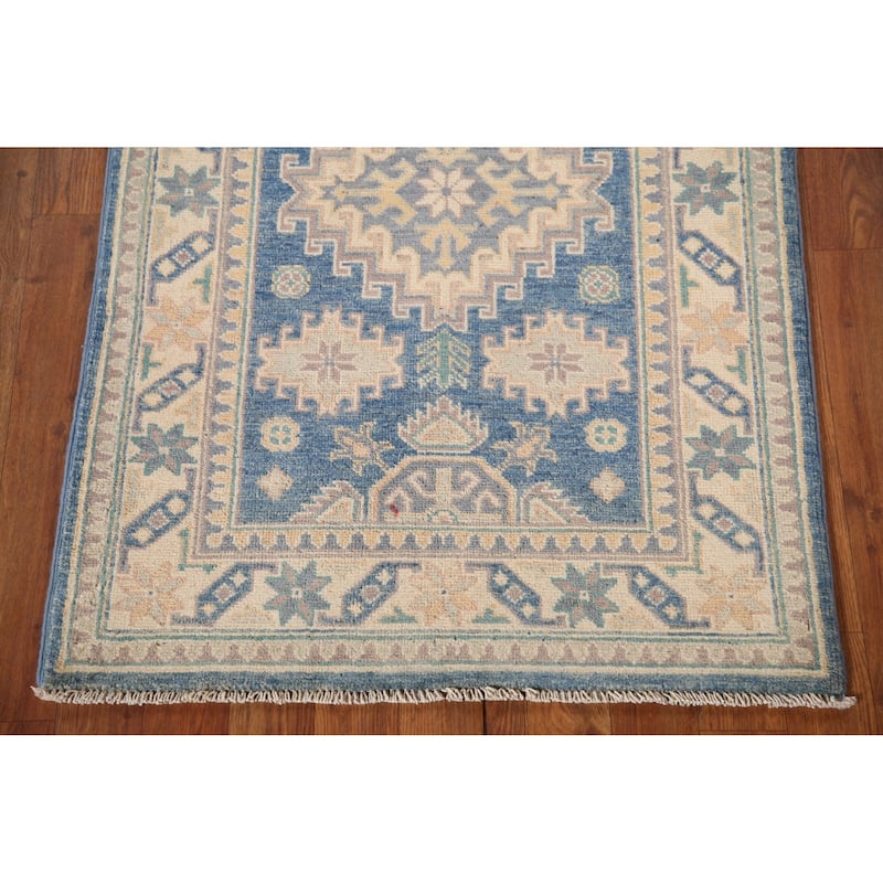 Blue Geometric Kazak Accent Rug Handmade Oriental Wool Carpet - 2'7"x 4'0"