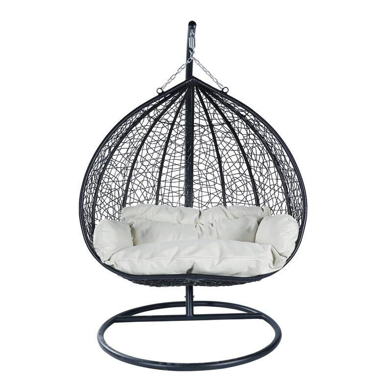 Hanging Swing Chair with Weave Design and Teardrop Shape in Black Frame