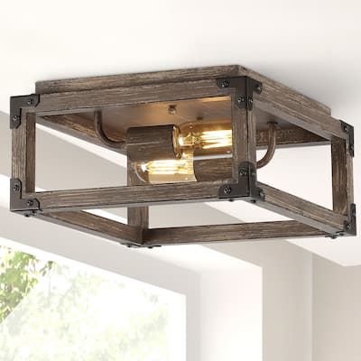 Marais 11.5" 2-Light Iron Rustic Farmhouse LED Flush Mount, Brown by JONATHAN Y
