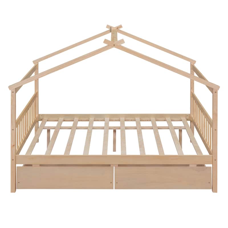 Full Size House Platform Bed Kids Daybed Bed with 2 Drawers and Roof