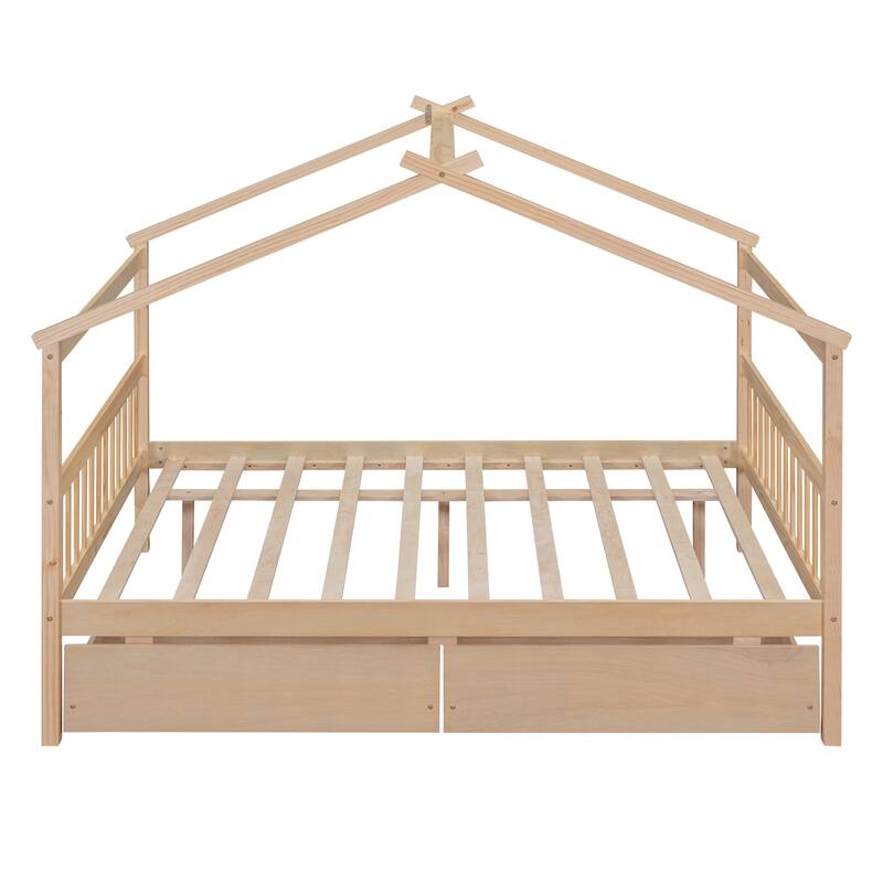 Full Size Wooden House Bed with 2 Drawers, Pinewood Frame, Kids Daybed, No Box Spring Needed