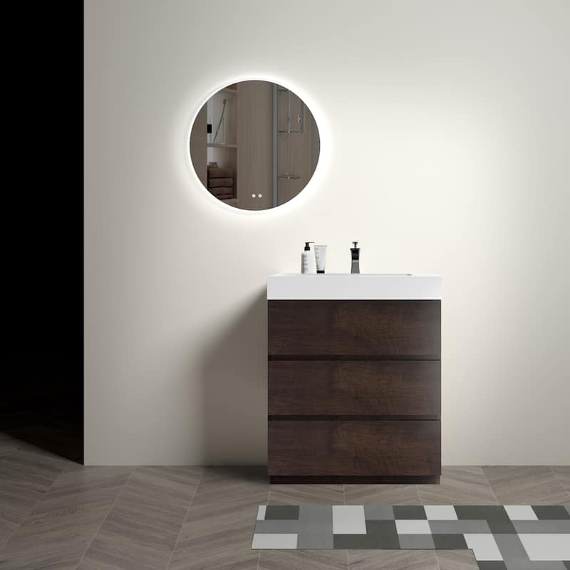 30"Walnut Bathroom Vanity with Sink,Large Storage Freestanding Bathroom Vanity for Modern Bathroom,One-Piece White Sink Basin
