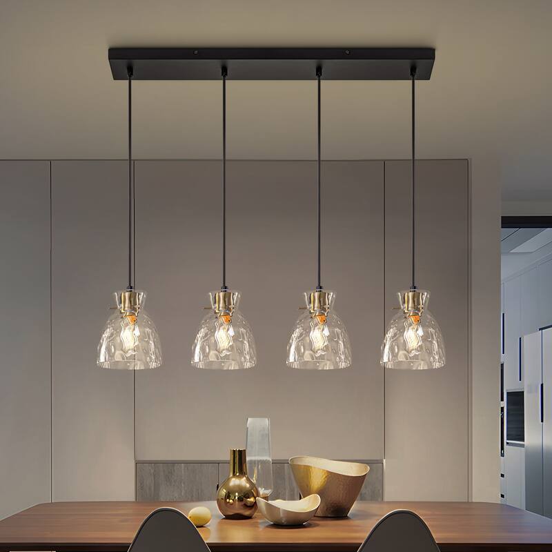 Starsky 4-Light Modern Linear Chandelier Cluster Kitchen Island Light with Hammered Glass Shade - Black&Gold