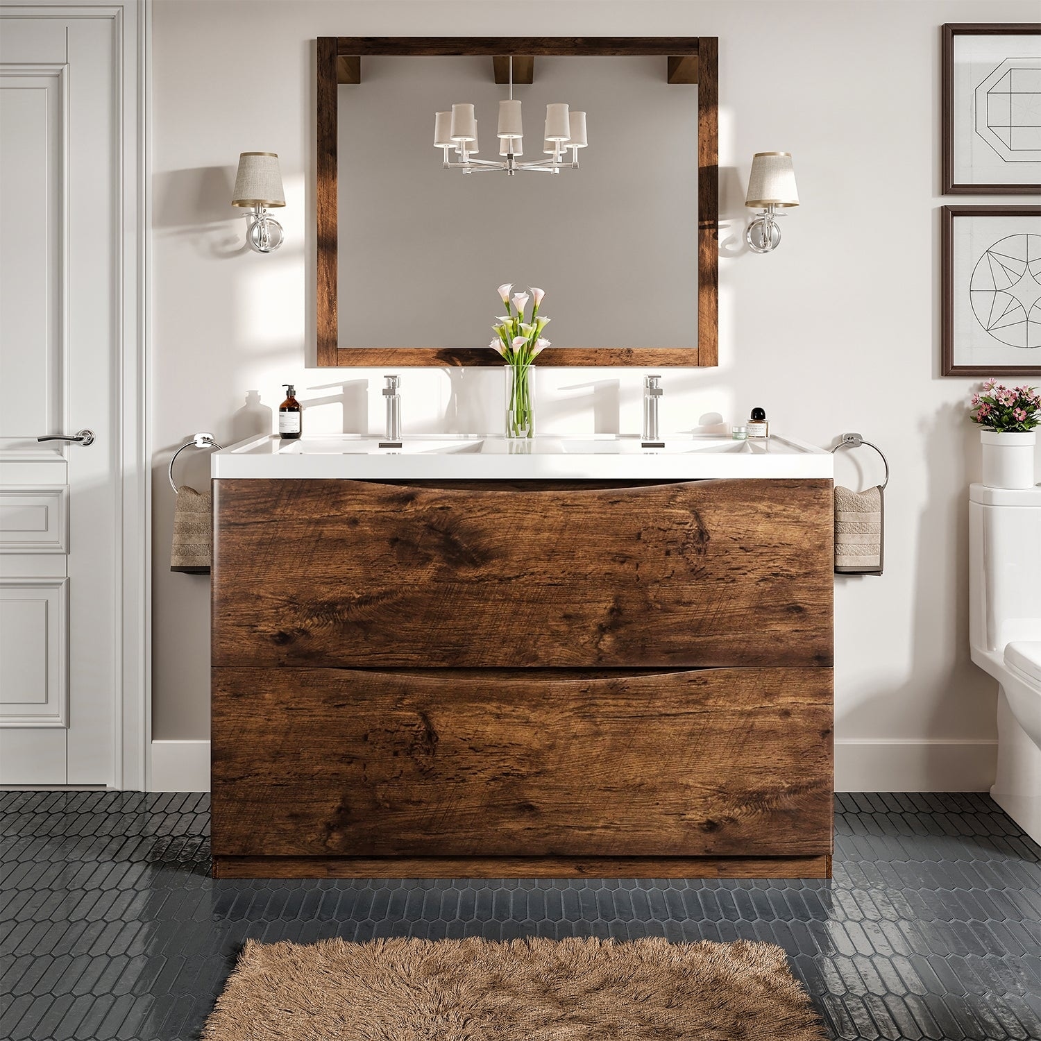 Smile 48"W Rosewood DS Bath Vanity with Acrylic Top and Integrated Sinks