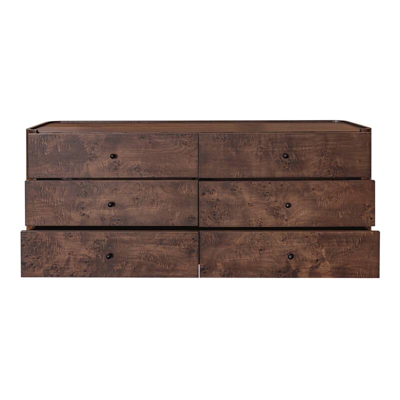 NADAAL STUDIOS Virel Dark Brown Burl Veneer and Solid Oak 6-Drawer Dresser with Lip Detail