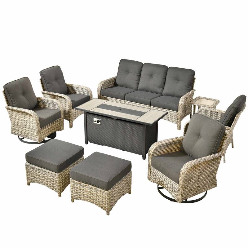 HOOOWOOO 9-piece Outdoor Wicker Patio Furniture Swivel Rocking Chair Set with Fire Pit