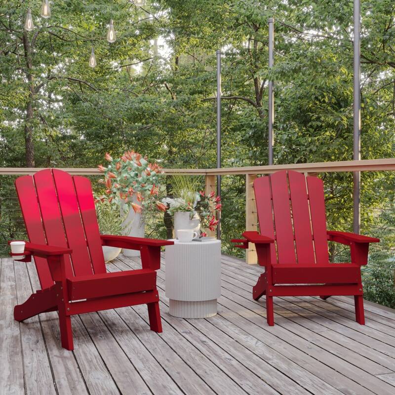 Set of 2 Commercial All-Weather Adirondack Chairs with Cupholders - Red