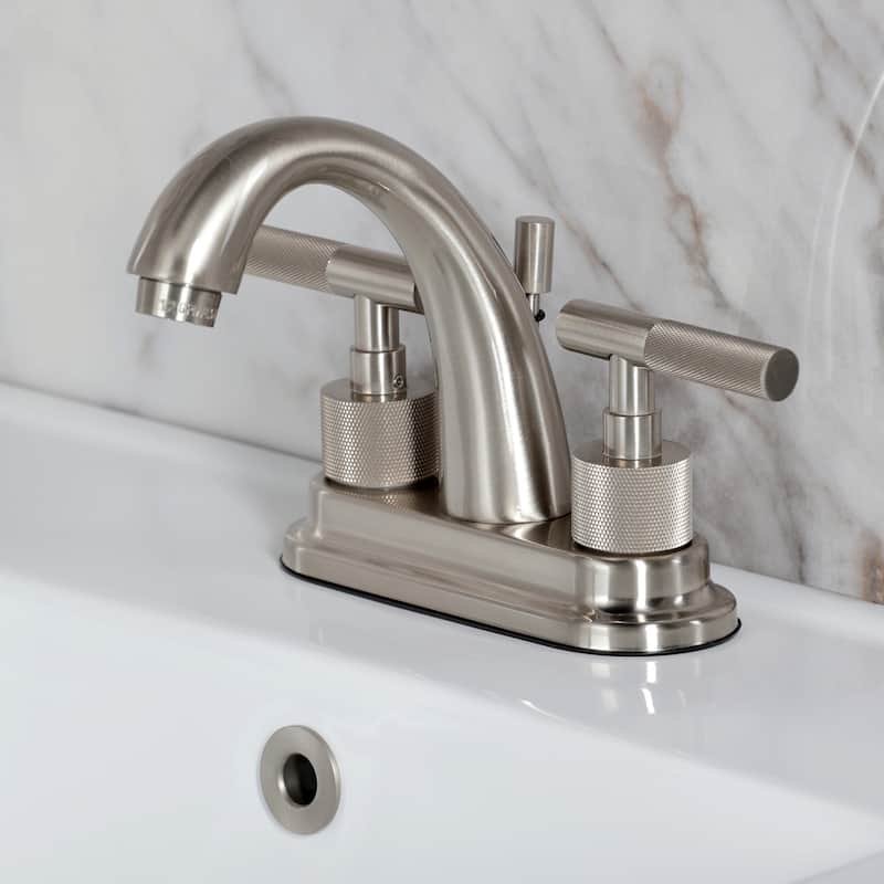 Kingston Brass Convergent Two-Handle 3-Hole Deck Mount 4" Centerset Bathroom Faucet with Knurled Handle and Brass Pop-Up Drain