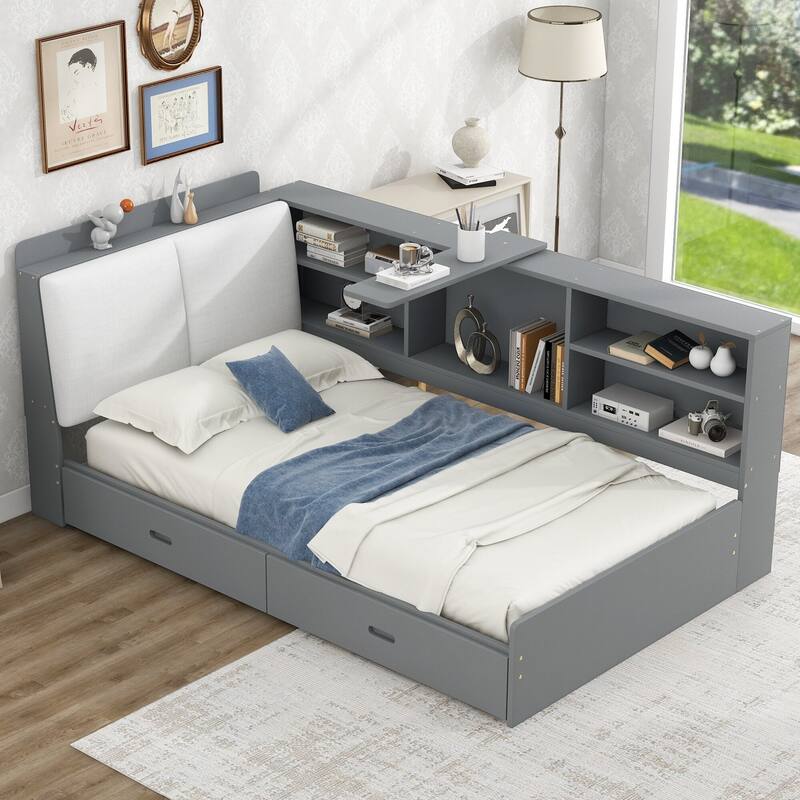 Wood Platform Bed with Storage Headboard, Shelves and 2 Drawers