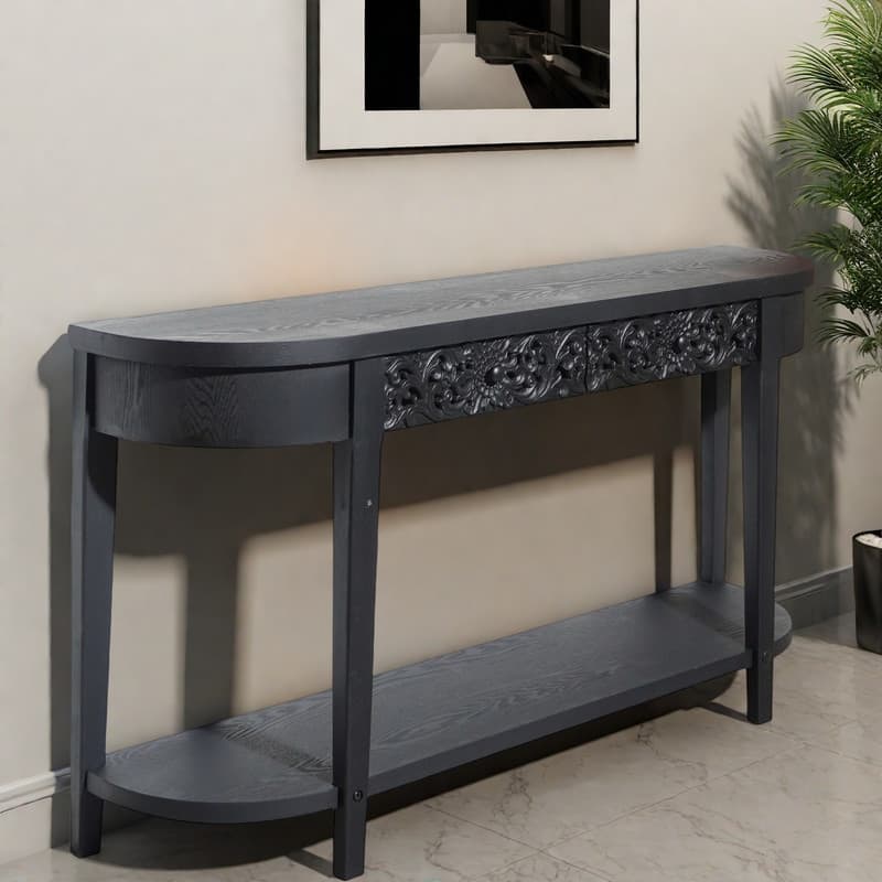 59.2" Carved Engineered Wood Entryway Table with Spacious Drawer & Open Lower Shel