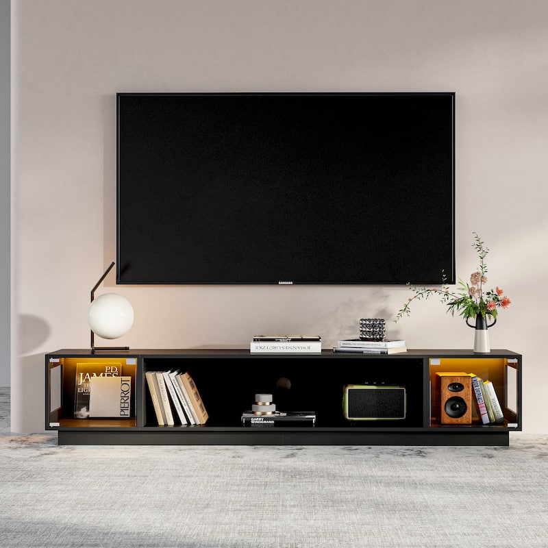 Modern Black Fireplace TV Stand Combo,Remote Fireplace Heater,2 Drawers,Light Strip & USB