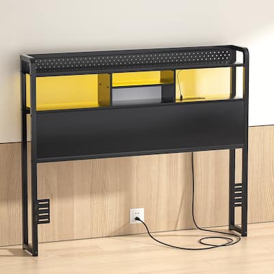 Bed Headboard with Storage Shelf and Charge Station, Height Adjustable Headboard with LED Light