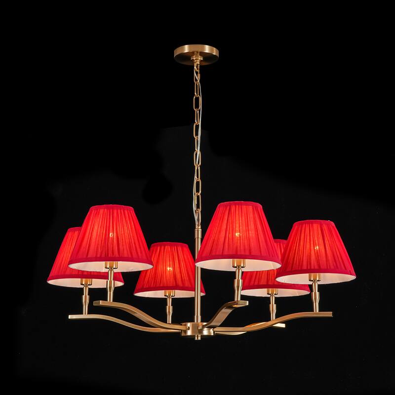 31.5" W Mid-Century Traditional Brass Finish Dimmbale Chandelier with Red Pleated Fabric Shades for Living & Dining Room