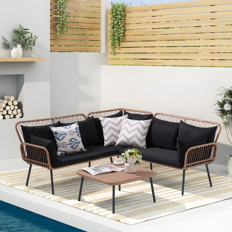 Outdoor Patio Furniture L-Shaped Sectional Sofa Set - Black