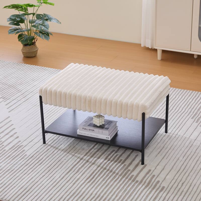 Modern Faux Fur Upholstered Bench with Open Storage Shelves, Metal Frame Shoe Bench Ottoman for Entryway, Bedroom