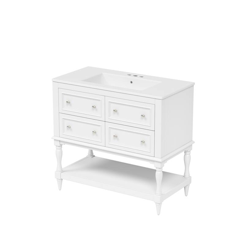 Bathroom Vanity with Ceramic Sink, Solid Wood Vanity Set with 4 Drawers, Bathroom Storage Cabinet with Open Shelf