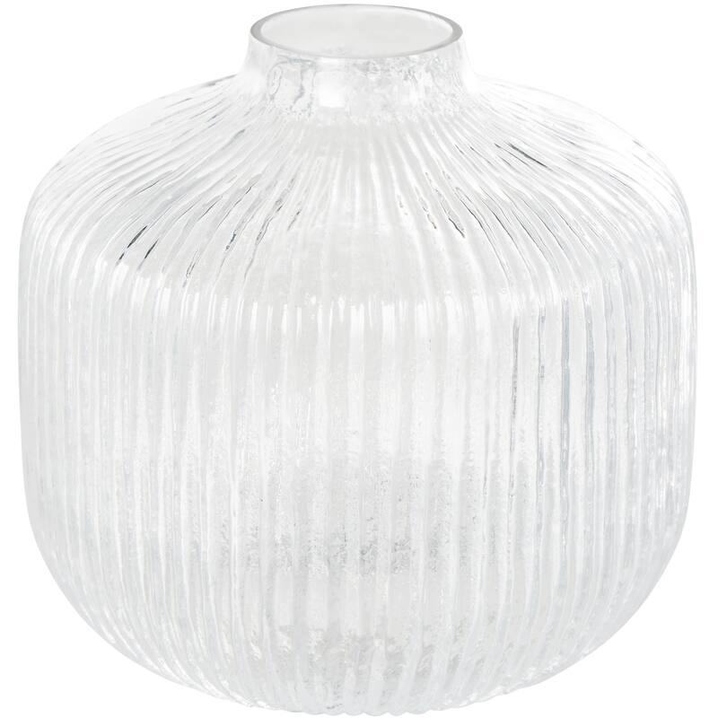 Glass Short Round Ribbed Fluted Vase - Clear - Roche River Decor - Clear - 8"W, 8"H