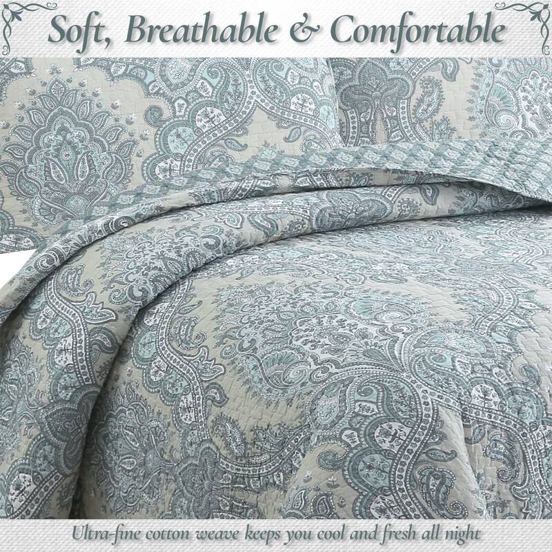 Cozy Line Ornate Paisley Medallion Grey Blue Cotton 3 Piece Queen Quilt Bedding Set